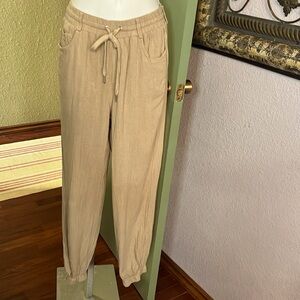 Kori Khaki Pants with Tie Belt-Hemp & Rayon Blend - Jogger Style Sz S